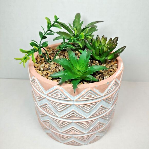 Modern Coastal Geometric Tribal Pattern Planter Pot w/ Faux Succulent Mix Peach - Picture 2 of 15